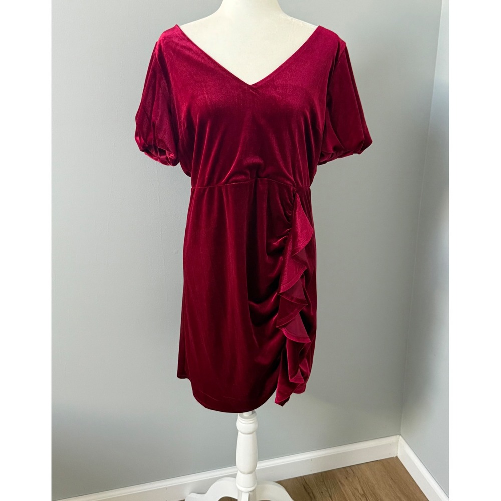 Sam Edelman Red Velvet Ruffle V-Neck Ruched Puff Sleeve Cocktail Dress Size 14